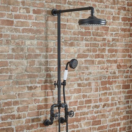 Steampunk Duschsäule mit rundem Duschkopf & Handbrause – Finish wählbar – Zandra