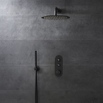 Duscharmatur mit Drucktasten 2 Verbraucher inkl. 300mm Duschkopf Rund, Handbrauseset wählbar - Schwarz - Idro
