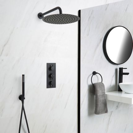 Unterputz Duschsystem mit Thermostat - mit 300mm rundem Wand-Duschkopf und Handbrauseset - Schwarz - Nox