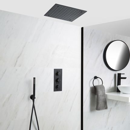 Unterputz-Duschsystem mit Thermostat - mit 400mm x 400mm Unterputz-Duschkopf und Handbrauseset - Schwarz – Nox