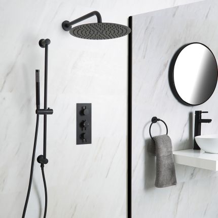 Unterputz-Duschsystem mit Thermostat - mit rundem 300mm Wand-Duschkopf und Brausestangenset - Schwarz - Nox