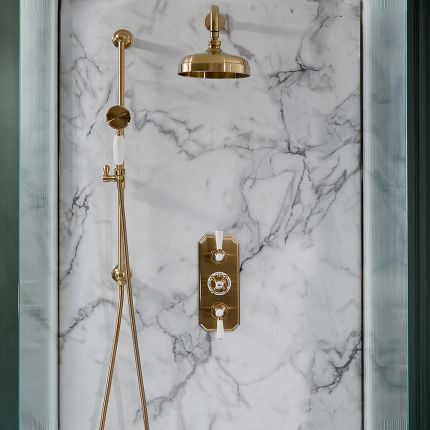Retro Unterputz Duschsystem mit Thermostat, Wand-Duschkopf und Brausegarnitur - satiniertes Gold – Elizabeth