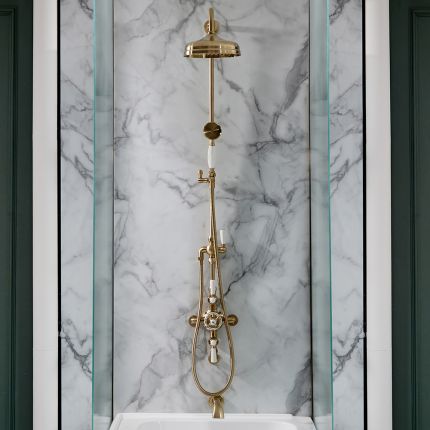 Hudson Reed Elizabeth - Duschsäule mit Aufputz-Thermostat - inkl. 194mm rundem Duschkopf, Handbrauseset und Wand-Wanneneinlauf - satiniertes Gold