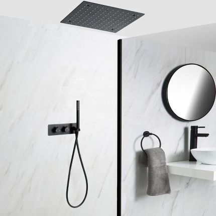 Duschsystem mit Unterputz-Thermostat – inkl. 400mm x 400mm Unterputz-Duschkopf und Handbrause – Schwarz – Nox