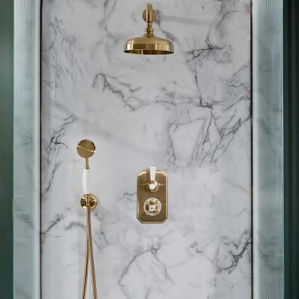 Retro-Duschsystem mit Unterputz-Thermostat – inkl. 205mm rundem Wand-Duschkopf und Handbrauseset - satiniertes Gold – Elizabeth