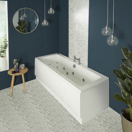 Whirlpool-Badewanne mit zwei Rückenschrägen, Mittelablauf – Größe, Schürze und Massagedüsen wählbar – Sandford