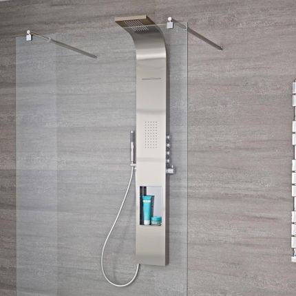 Duschpaneel mit Regal und Thermostat - mit Regen/Wasserfall-Duschkopf, Handbrauseset und Körperdüsen - Chrom - Vista