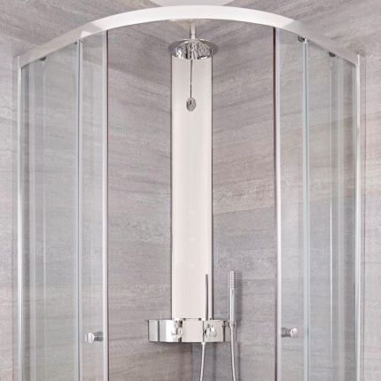 Duschpaneel mit Regal und Thermostat, Eckmontage - mit rundem Duschkopf, Handbrauseset und Körperdüsen - Earby