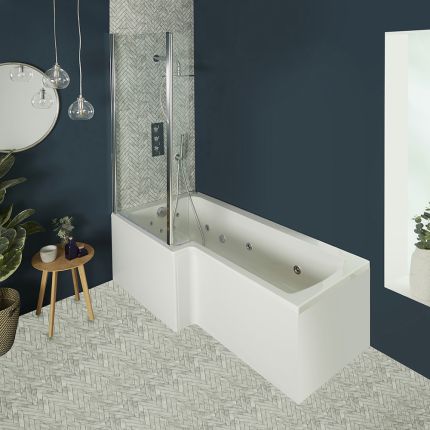 Whirlpool-Badewanne mit Aufsatz in Chrom - Größe, Schürze und Massagedüsen wählbar – Sandford
