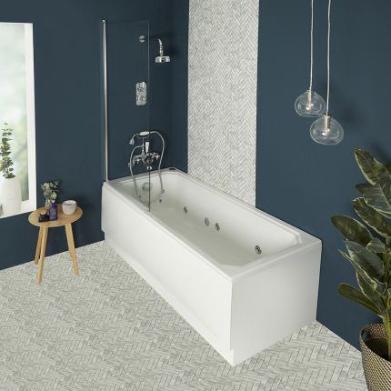 Retro Whirlpool-Badewanne mit Aufsatz in Chrom – 6 Massagedüsen, Größe und Schürze wählbar – Richmond
