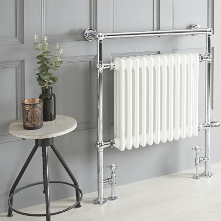 Retro-Badheizkörper, Mischbetrieb - 930mm x 790mm, WLAN-Thermostat und Kabelabdeckung wählbar – Chrom/Weiß – Elizabeth