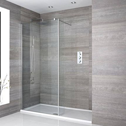 Walk-In Duschwand, Chrom, für Nische - inkl. weißer Duschwanne mit niedrigem Profil – Größe und Seitenpaneel wählbar – Portland