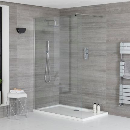 Walk-In Dusche, Chrom, inkl. Duschtasse - Wählbare Größe - Portland
