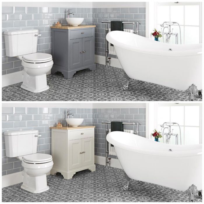 Traditionelles Bad Komplettset - mit freistehender Badewanne, Stand-WC, Aufsatz-Waschbecken mit Unterschrank (B 645mm) - Thornton