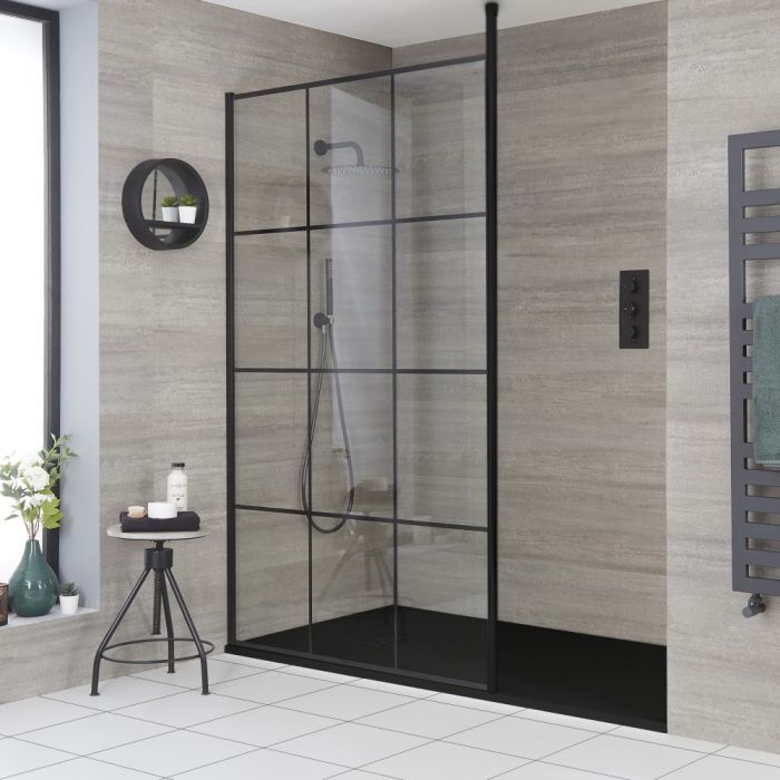 Walk-In Duschwand mit Gittermuster, für Nische - inkl. Duschwanne mit Schiefer-Effekt (Finish wählbar) – wählbare Größe – Barq