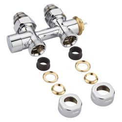 Hahnblock-Thermostatventil, Durchgang, Mittelanschluss, Eurokonus Adapter für 14mm Kupferrohr, Chrom