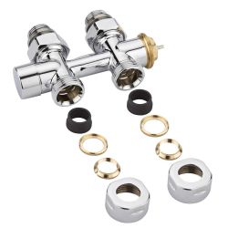 Hahnblock-Thermostatventil, Durchgang, Mittelanschluss, Eurokonus Adapter für 15mm Kupferrohr, Chrom