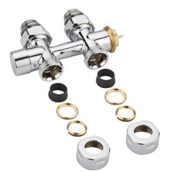 Hahnblock-Thermostatventil, Durchgang, Mittelanschluss, Eurokonus Adapter für 16mm Kupferrohr, Chrom
