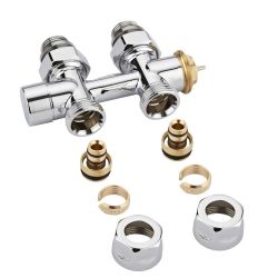 Hahnblock-Thermostatventil, Durchgang, Mittelanschluss, Eurokonus Adapter für 16mm Kunststoff-Mehrschichtverbundrohr, Chrom