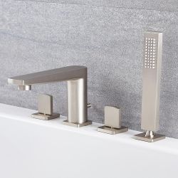 Traditionelle 4-Loch Wannenrandarmatur mit Brause in gebürstetem Nickel - Harting