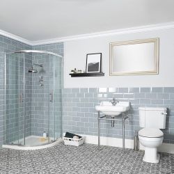 Nostalgie Bad Komplettset - Viertelkreis-Dusche, Stand-WC und Waschtisch mit Metallgestell – Richmond