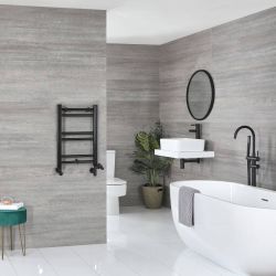 Handtuchheizkörper Mischbetrieb flach - 600mm x 400mm - inkl. 200W Heizelement, T-Stück und Ventile - Matt Schwarz - Nox