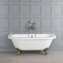Freistehende Vorwand-Badewanne mit zwei Rückenschrägen, 1685mm x 780mm, Mittelablauf - Füße in gebürstetem Gold - Richmond