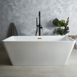 Freistehende Badewanne (eckig), mit zwei Rückenschrägen, 1615mm x 720mm, Mittelablauf – Farbe der Überlaufgarnitur wählbar – Sandford