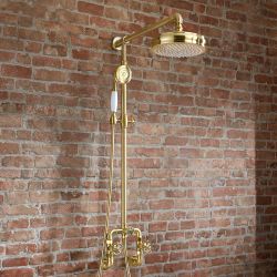 Steampunk Duschsäule mit rundem Duschkopf & Handbrause – satiniertes Gold – Zandra