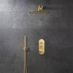 Unterputz-Thermostat mit Drucktasten für 2 Verbraucher inkl. Wandduschkopf und Handbrauseset - satiniertes Gold– Idro
