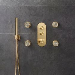Unterputz-Thermostat mit Drucktasten für 2 Verbraucher inkl. Körperdüsen und Handbrauseset - satiniertes Gold– Idro