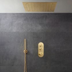 Unterputz-Duschsystem mit Thermostat und Drucktasten inkl. 400mm x 400mm Duschkopf (Deckenmontage) und Handbrauseset - satiniertes Gold– Idro