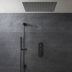 Duscharmatur mit Drucktasten 2 Verbraucher inkl. 400mm Unterputzduschkopf Eckig, Handbrauseset wählbar - Schwarz - Idro