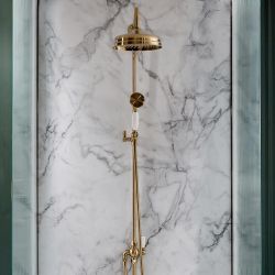 Retro-Duschsäule, ohne Armatur – inkl. 194mm rundem Duschkopf und Handbrauseset – satiniertes Gold – Elizabeth