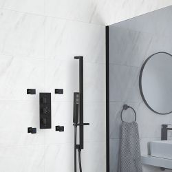 Duschsystem mit Unterputz-Thermostat - inkl. Brausestangenset und Körperdüsen - Schwarz - Preto