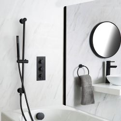 Dusch- und Badesystem mit Thermostat - mit Überlauf-Wanneneinlauf und Brausestangenset - Schwarz - Nox