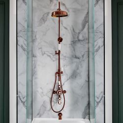 Duschsäule mit Aufputz-Thermostat - inkl. 194mm rundem Duschkopf, Handbrauseset und Wand-Wanneneinlauf – satiniertes Kupfer – Elizabeth