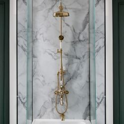 Duschsäule mit Aufputz-Thermostat - inkl. 194mm rundem Duschkopf, Handbrauseset und Wand-Wanneneinlauf – satiniertes Gold – Elizabeth