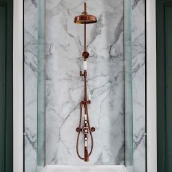Duschsäule mit Aufputz-Thermostat - inkl. 194mm rundem Duschkopf, Handbrauseset und Wanneneinlauf – satiniertes Kupfer – Elizabeth
