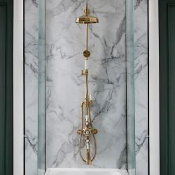Duschsäule mit Aufputz-Thermostat - inkl. 194mm rundem Duschkopf, Handbrauseset und Wanneneinlauf – satiniertes Gold – Elizabeth