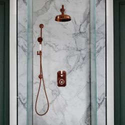Retro-Duschsystem mit Unterputz-Thermostat – inkl. 205mm rundem Wand-Duschkopf und Brausestangenset - satiniertes Kupfer – Elizabeth