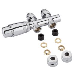 Hahnblock Heizkörperventil Gerade Thermostatisch Chrom inkl. Multiadapter für 12mm Kupferrohre im Set
