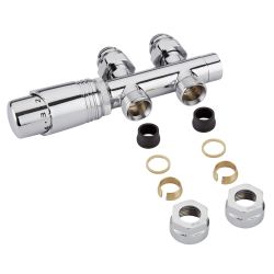Hahnblock Heizkörperventil Gerade Thermostatisch Chrom inkl. Multiadapter für 14mm Kupferrohre im Set