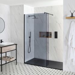 Getönte Walk-In Dusche, Schwarz, für Nische - inkl. Duschwanne mit Schiefer-Effekt (Finish wählbar) – Größe wählbar – Nox-Luna