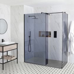 Getönte Walk-In Dusche, Schwarz, für Eckeinbau - inkl. Duschwanne mit Schiefer-Effekt (Finish wählbar) – Größe wählbar – Nox-Luna