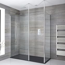 Walk-In Dusche, Chrom, für Eckeinbau - inkl. Duschwanne mit Schiefer-Effekt (Finish wählbar) – wählbare Größe - Sera