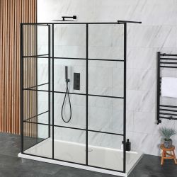 Walk-In Dusche mit 2 Seiten, Schwarz, inkl. Duschtasse in Weiß, Größe wählbar - Barq