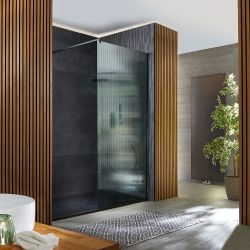 Walk-In Dusche mit geriffeltem Glas | Schwarz, Nischeneinbau - inkl. Duschwanne mit Schiefer-Effekt (Finish wählbar) – Größe wählbar - Florence