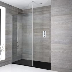 Walk-In Duschwand, Chrom, für Nische - inkl. Duschwanne mit Schiefer-Effekt (Finish wählbar) – wählbare Größe – Sera
