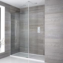 Walk-In Duschwand, Chrom, für Nische - inkl. weißer Duschwanne mit niedrigem Profil – wählbare Größe – Sera